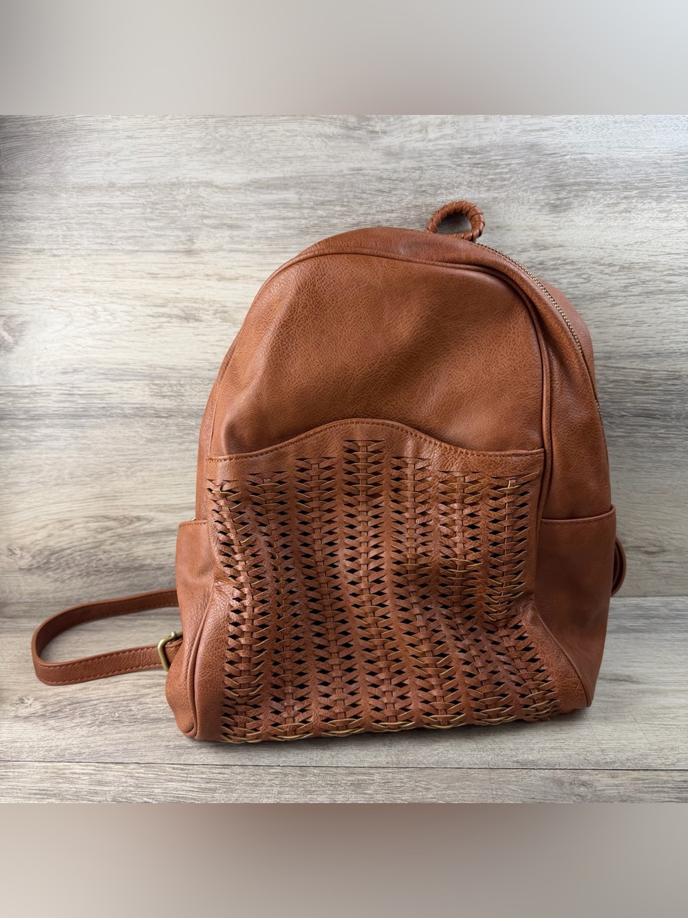 Antik Kraft Backpack Small Women’s Light Caramel Brown Faux Leather Woven Front